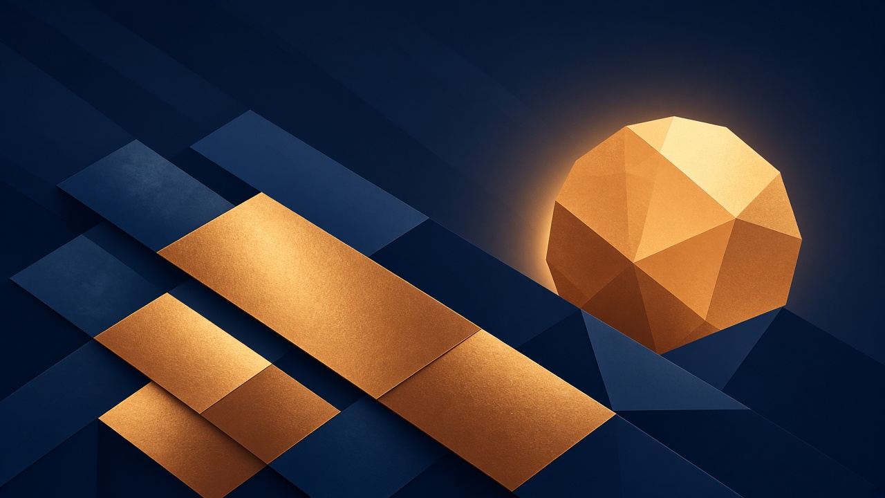 Abstract copper sun rising over geometric roof planes